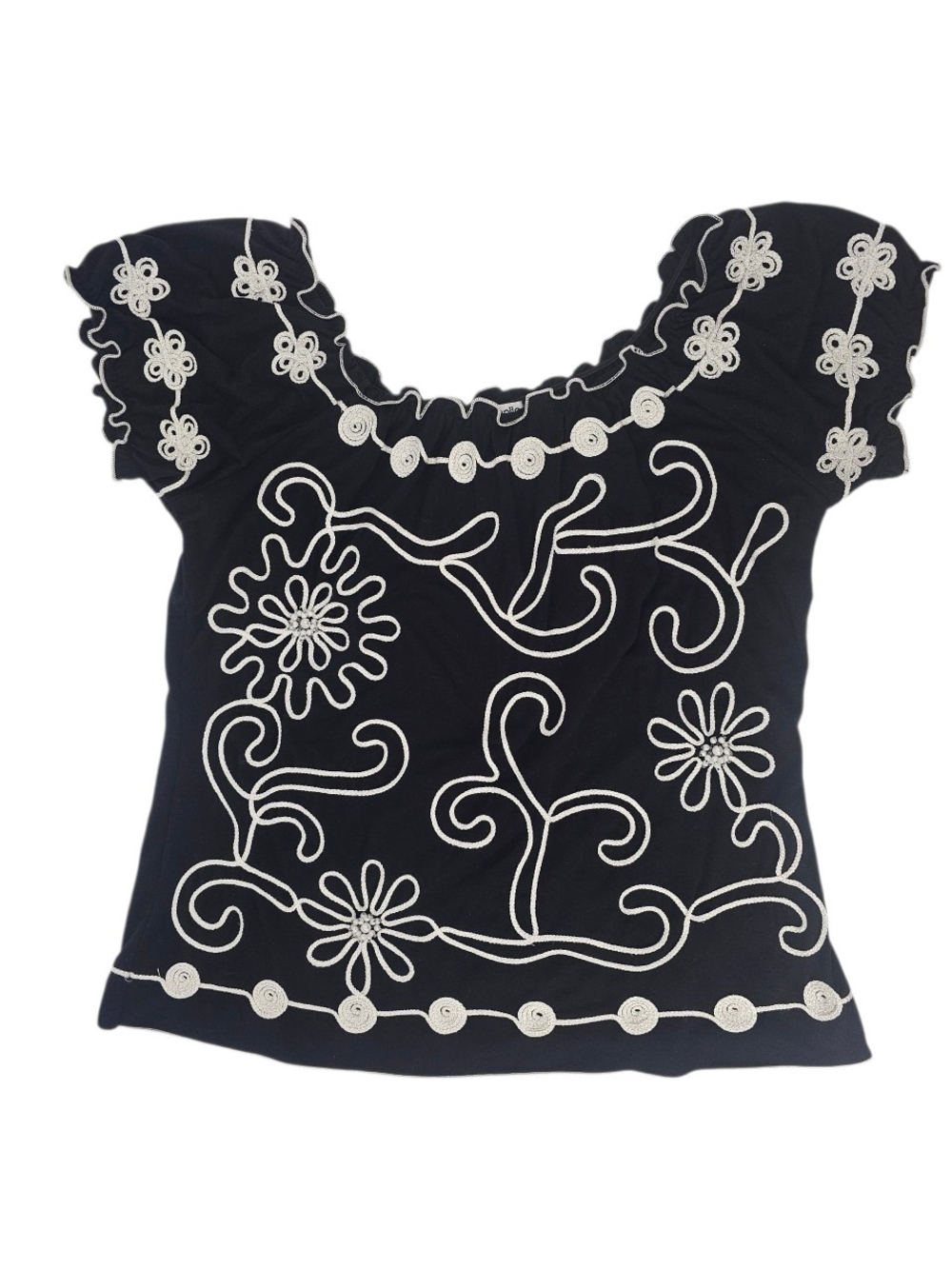 Lauren Michele Black Embroidered Floral Top XL Beaded Peasant Boho Cottagecore